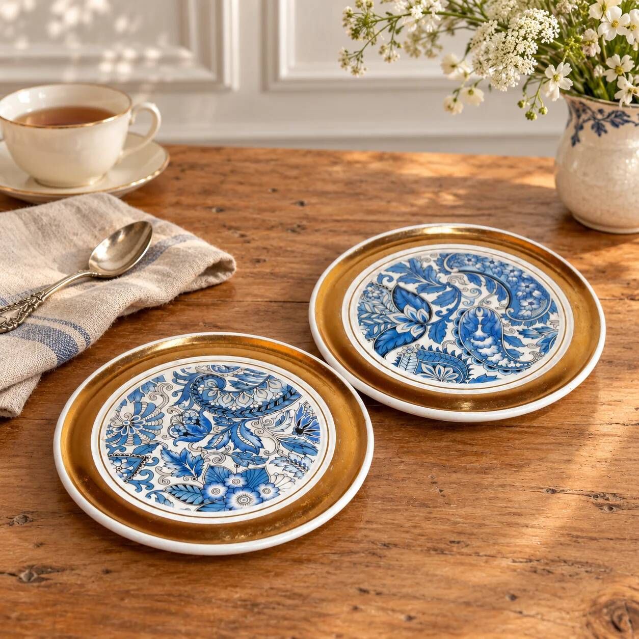 Set of 2 vintage ceramic coasters – Blue floral design and gilding – Made in France