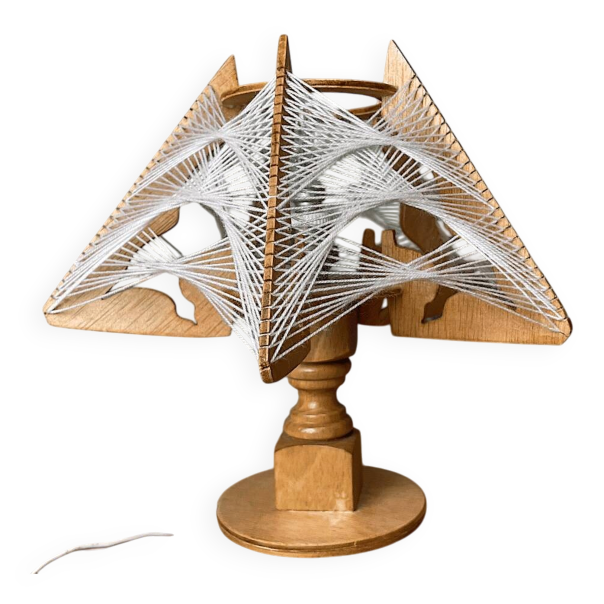 Geometric wood and string-art table lamp