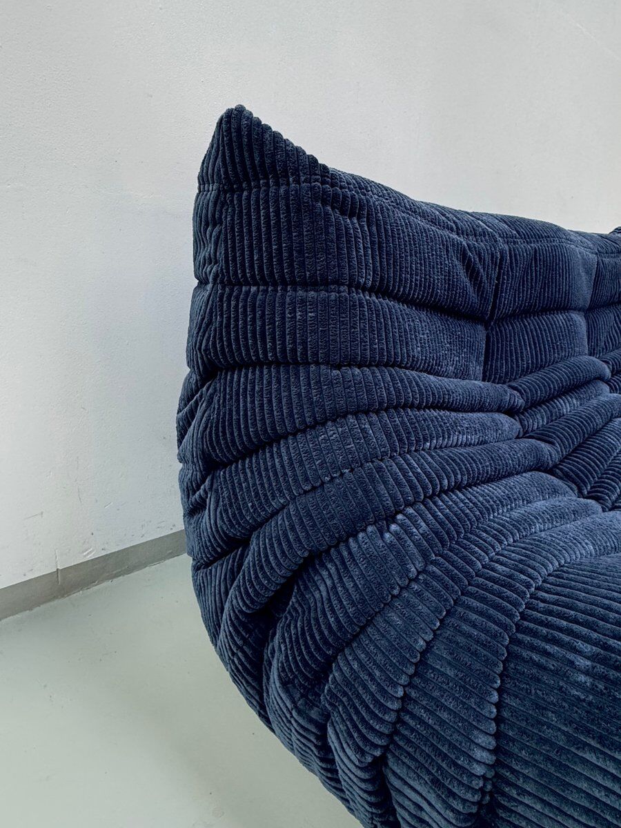 French Togo 2-seater sofa in blue corduroy attributed to Michel Ducaroy for Ligne Roset, 1970s