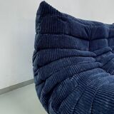 French Togo 2-seater sofa in blue corduroy attributed to Michel Ducaroy for Ligne Roset, 1970s