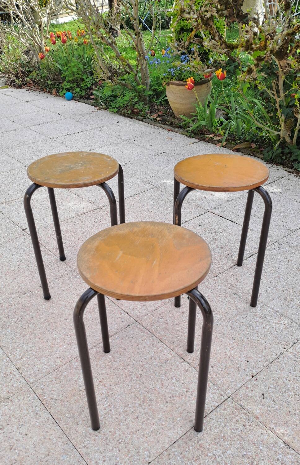 3 wooden and tube school stools