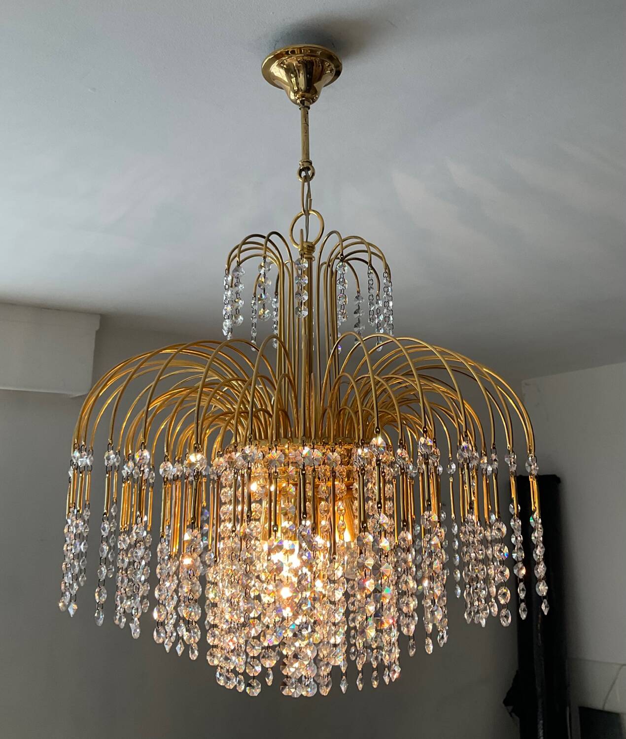 Vintage brass chandelier with crystal tassels cascade