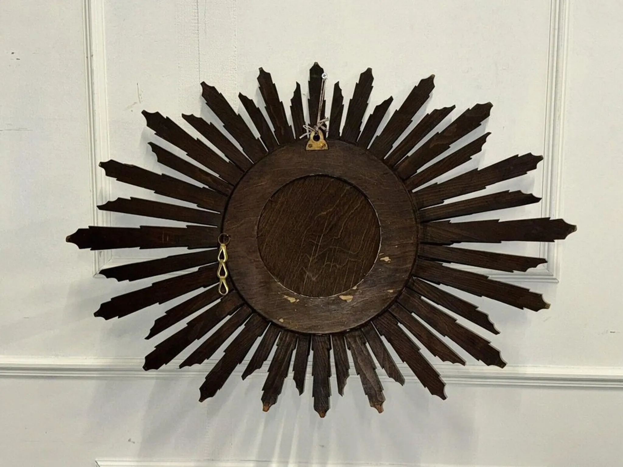 Vintage Brown Wood Convex Wall Mirror Sunburst, Spain, 1940
