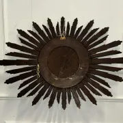 Vintage Brown Wood Convex Wall Mirror Sunburst, Spain, 1940