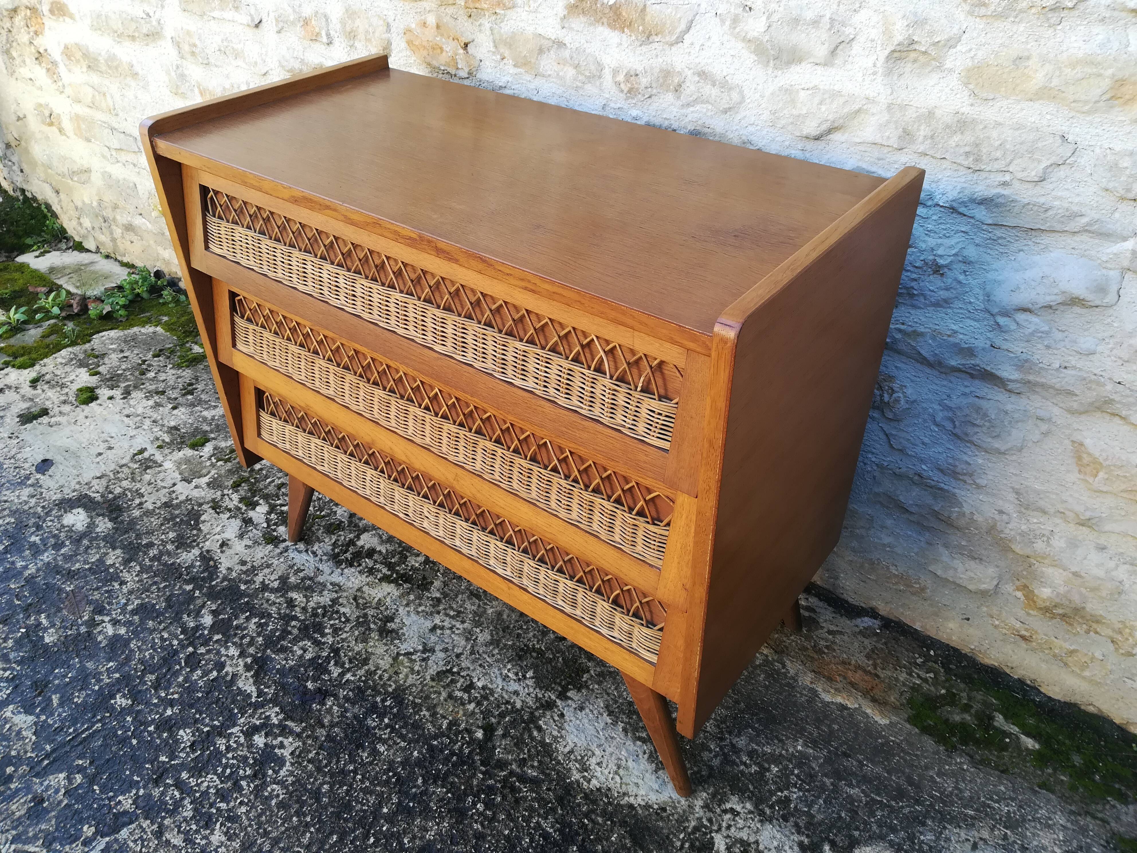 Vintage rattan and oak chest of drawers