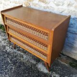Vintage rattan and oak chest of drawers