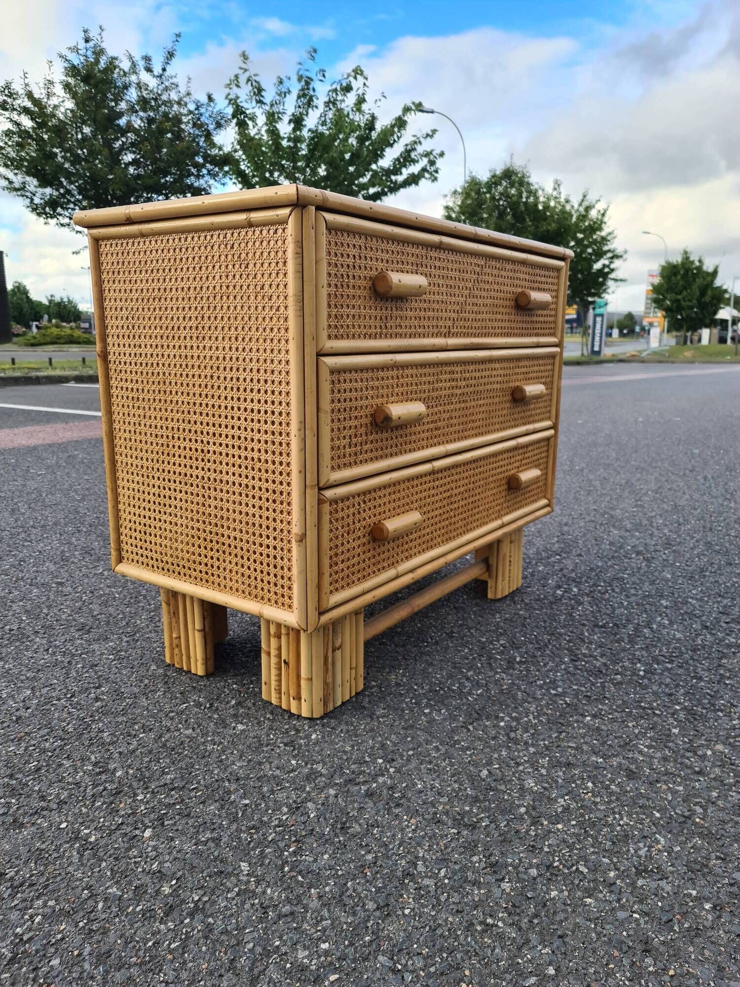 Commode vintage rotin bambou style art déco