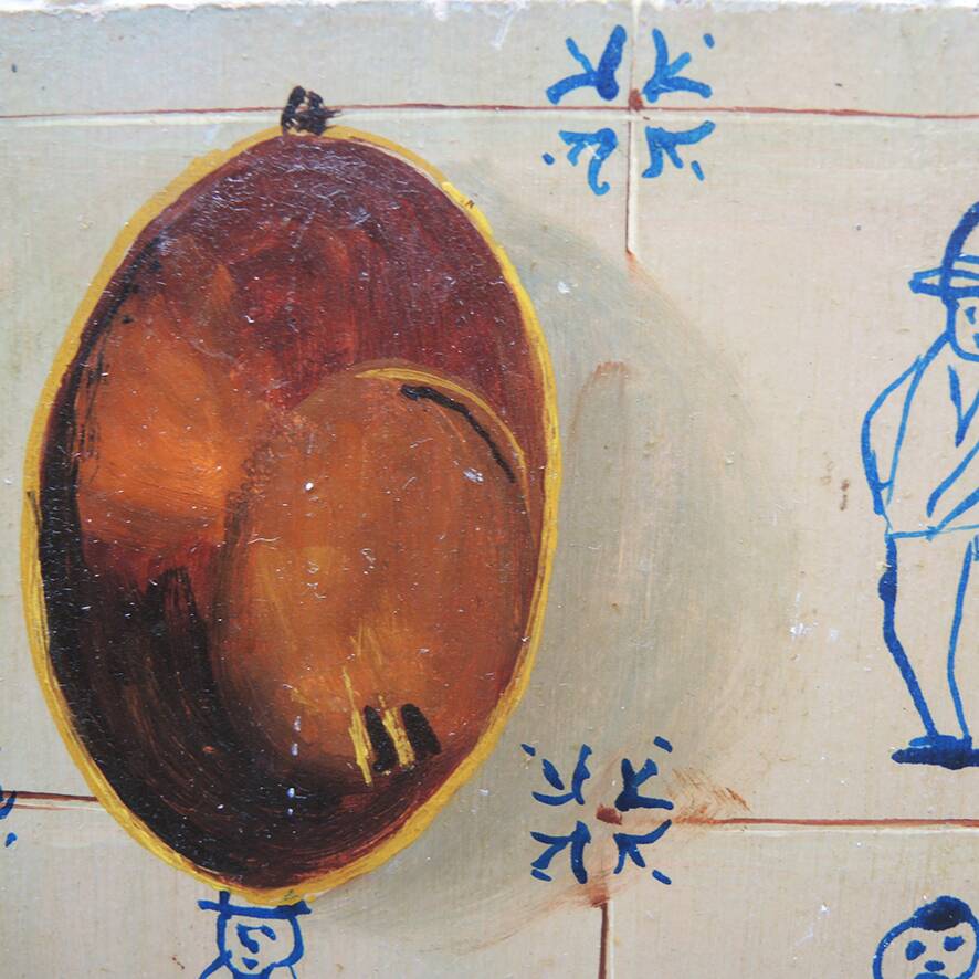 Old oil painting: still life with Dutch tiles