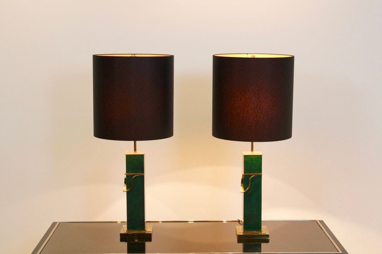 Pair of Green and Brass Mid Century Modern Table Lamps