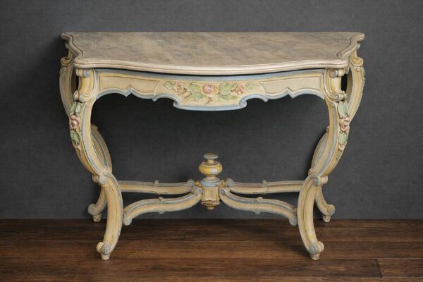 Console italienne peinte et sculptée – Plateau bois en faux semblant de marbre – XIXe siècle