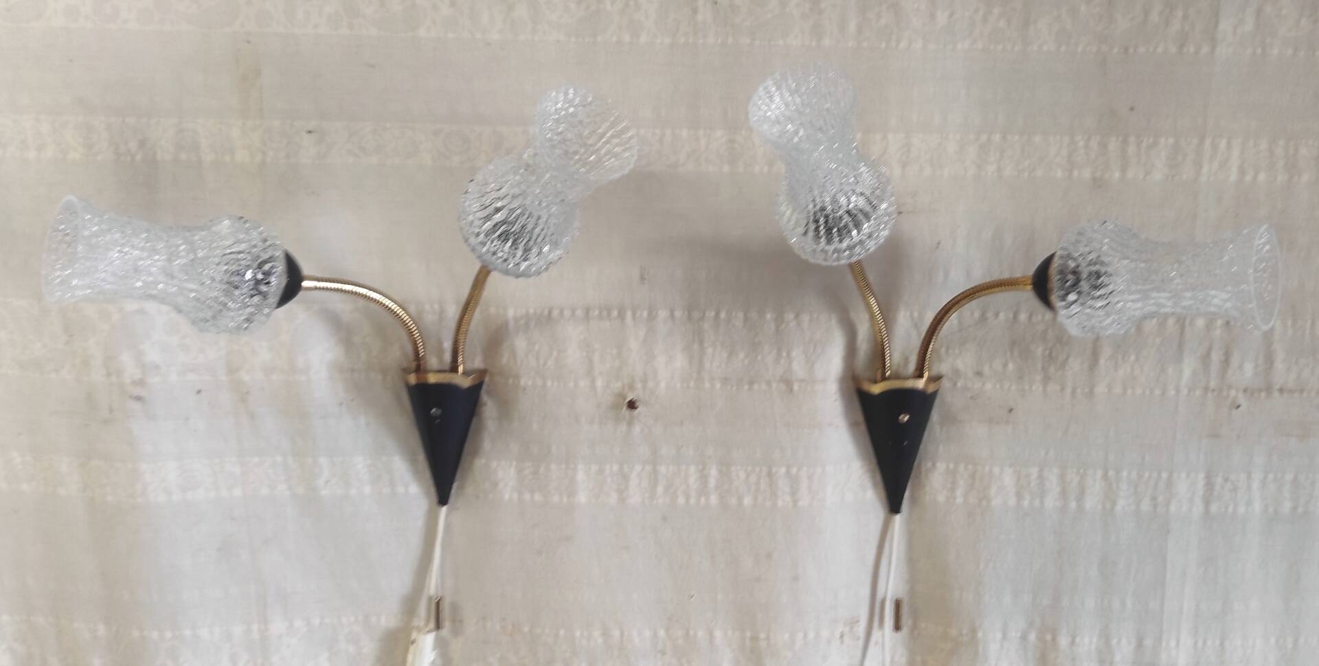 Articulated double light wall sconces in brass and glass - mid 20th century.