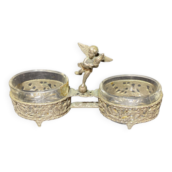 Centre de table épices et sa cuillère de service surmonté d'un angelot en laiton