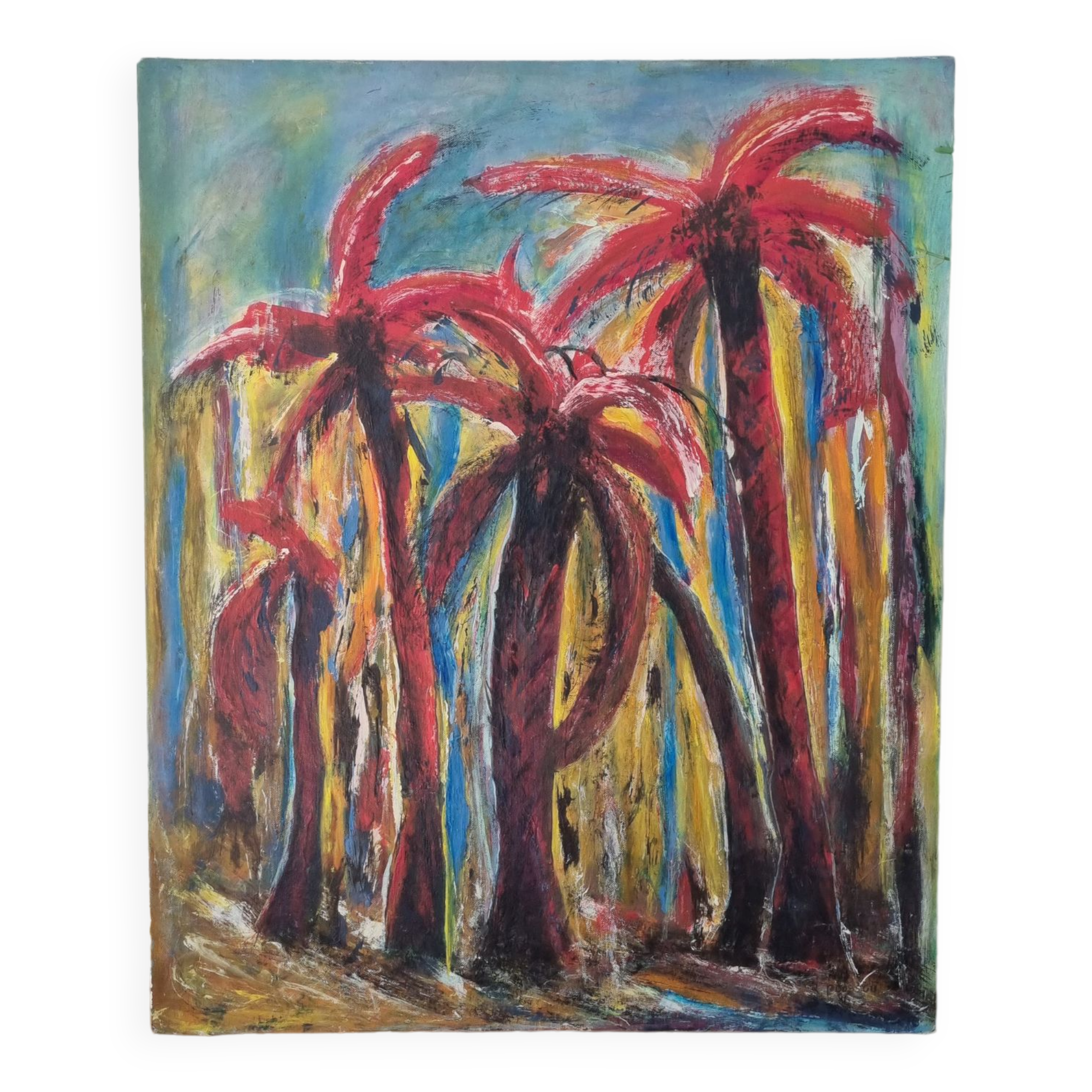 Peinture à l'huile abstraite palmiers signée