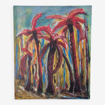 Peinture à l'huile abstraite palmiers signée