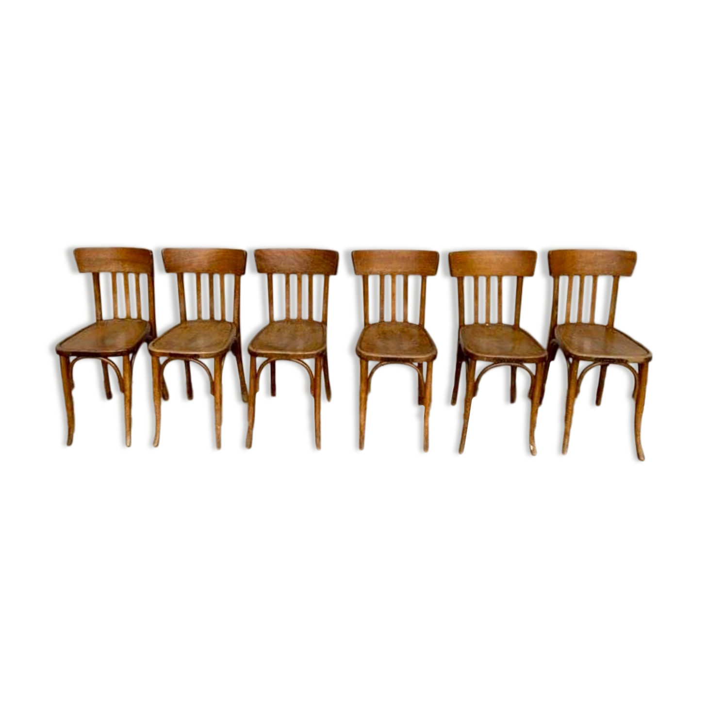 Series of 6 old light wood bistro chairs