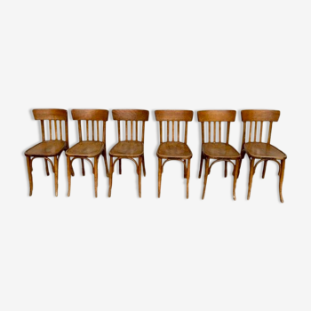 Series of 6 old light wood bistro chairs