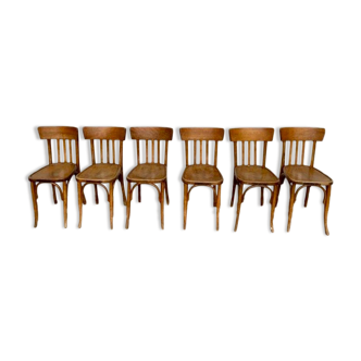 Série de 6 anciennes chaises bistrot en bois clair