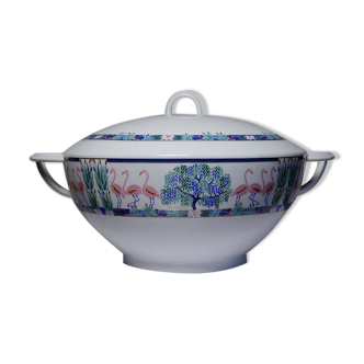 Limoges porcelain soup tureen Bernardaud pink flamingos Elisabeth Borel vintage