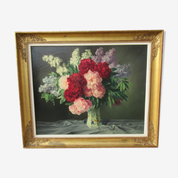 Huile sur toile vintage. bouquet de fleurs. h.haton