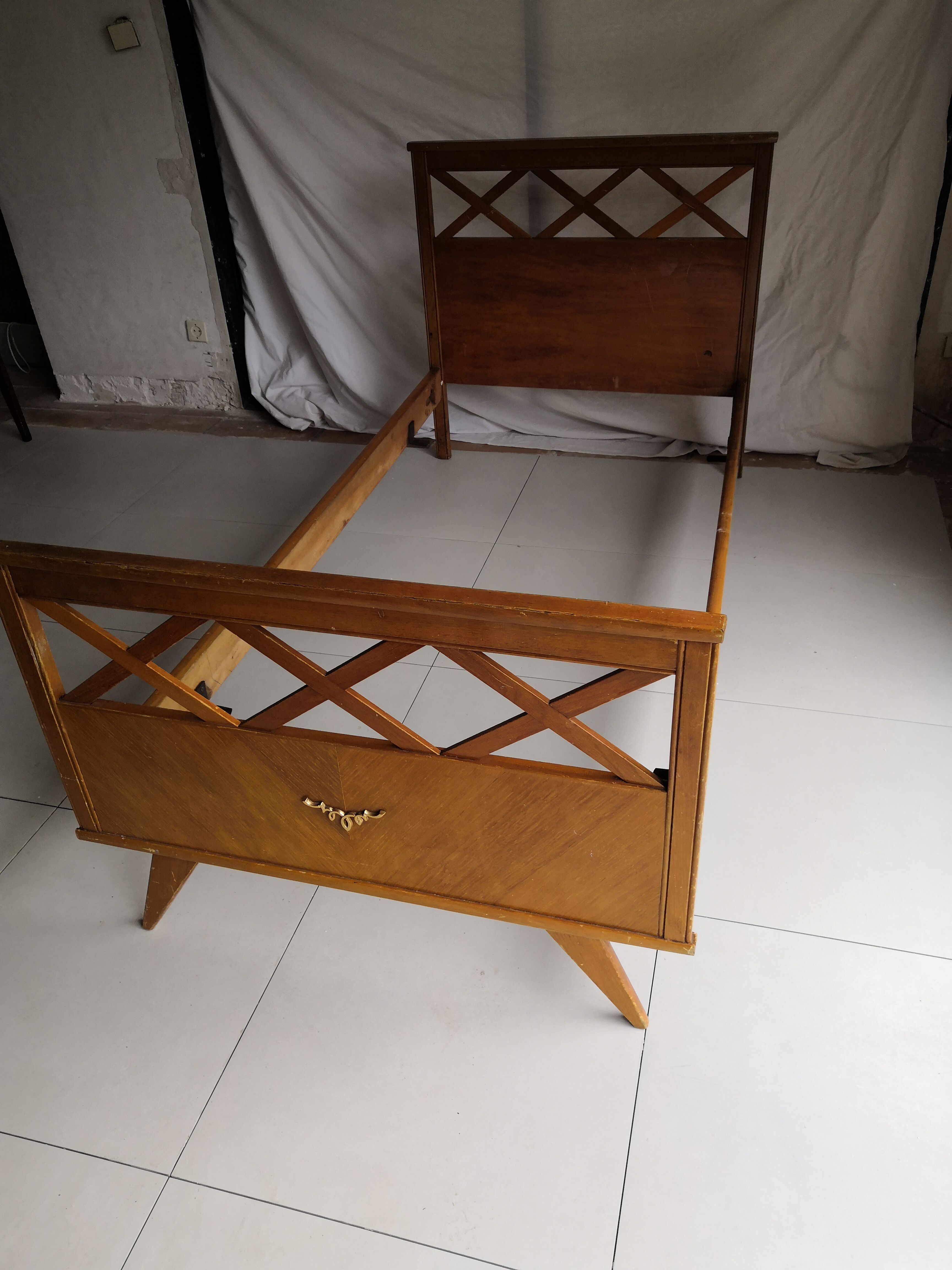 Vintage Scandinavian bed with crosspieces 50s