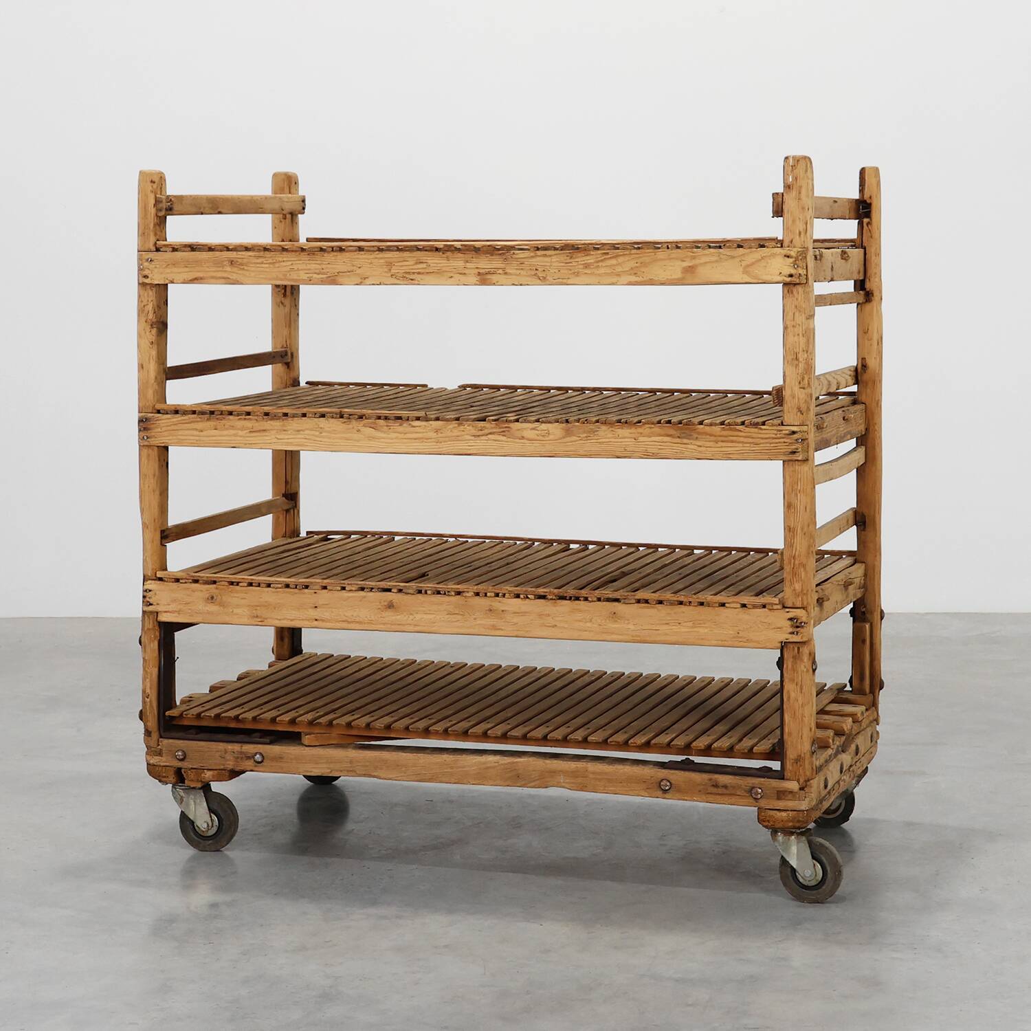 Large baker's cart/ rolling shelf in pine wood, France ca. 1900