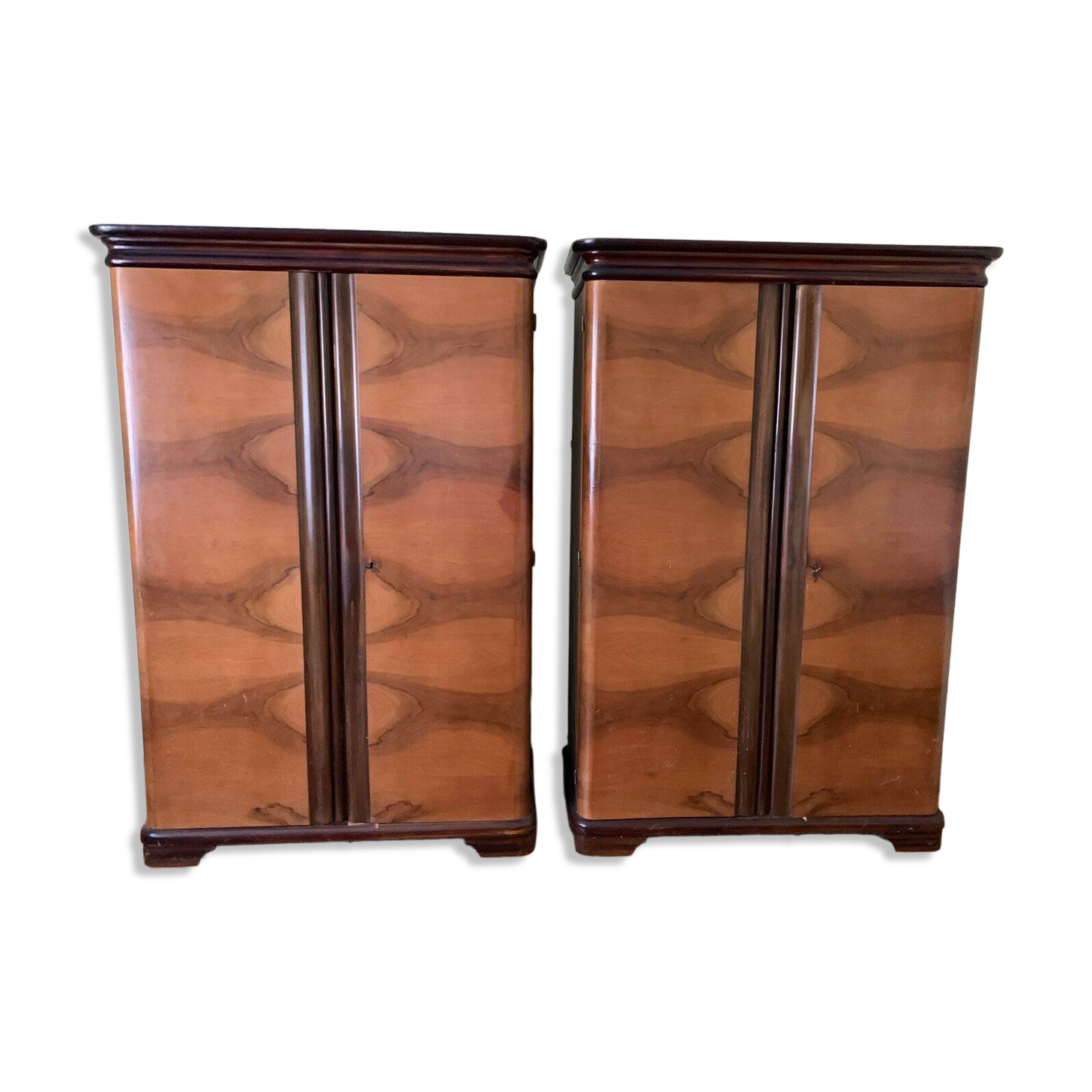 Set of 2 Art Deco curtain cabinets in brown wood, 1930s, with compartmentalised interior.