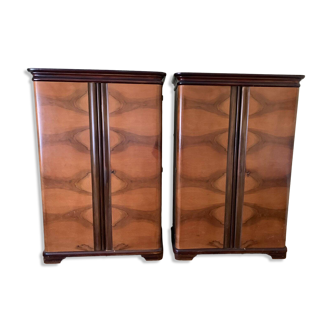 Set of 2 Art Deco curtain cabinets in brown wood, 1930s, with compartmentalised interior.