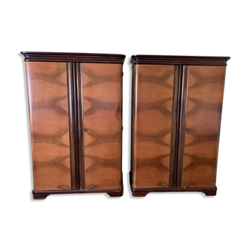 Set of 2 Art Deco curtain cabinets in brown wood, 1930s, with compartmentalised interior.