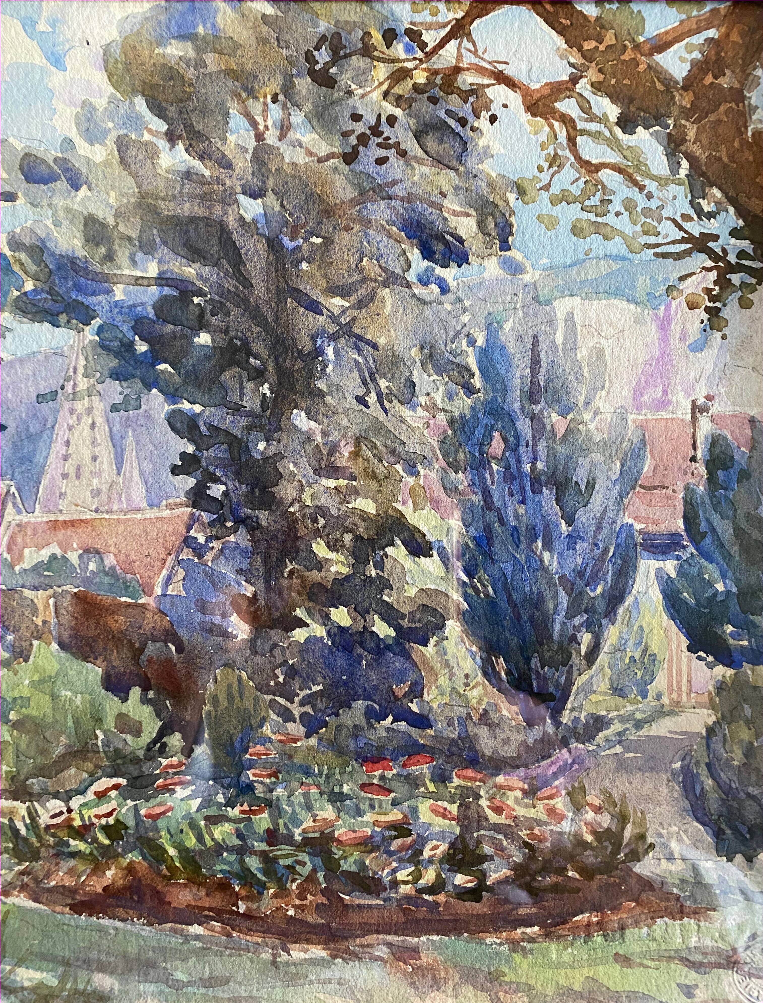 Watercolor painting "The Garden of the Village Blooms" signed on Arches paper