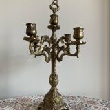 Large brass candlestick with 5 lights and its accessory for extinguishing candles