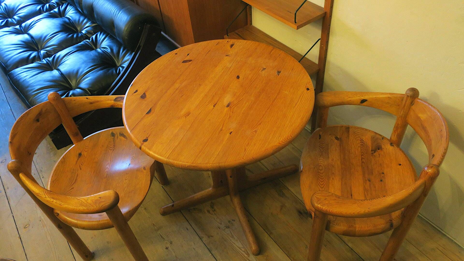 Pair armchairs and table in patinated pine  Rainer Daumiller attr., 1960s