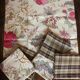 6 brown checkered table napkins with vintage flowers