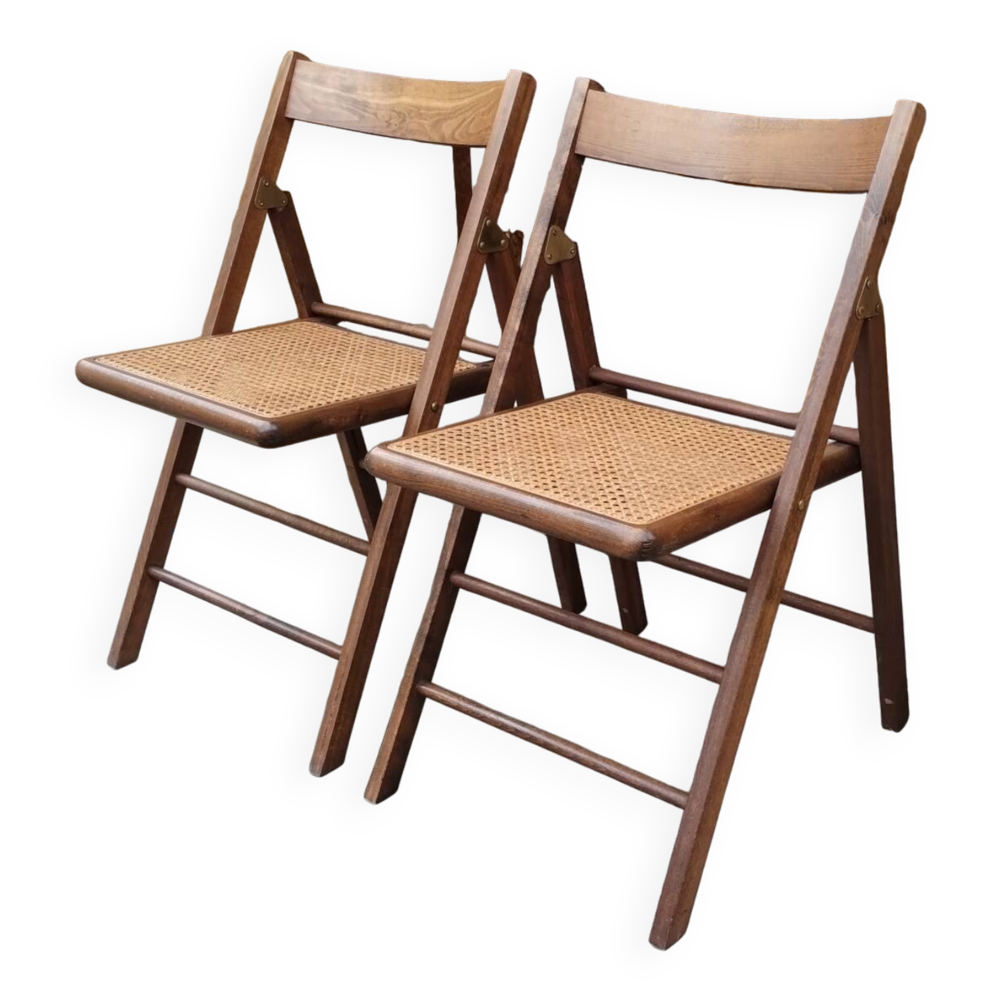 Pair of vintage wooden and cane folding chairs