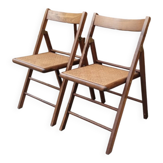Paire de chaise pliante en bois et cannage vintage
