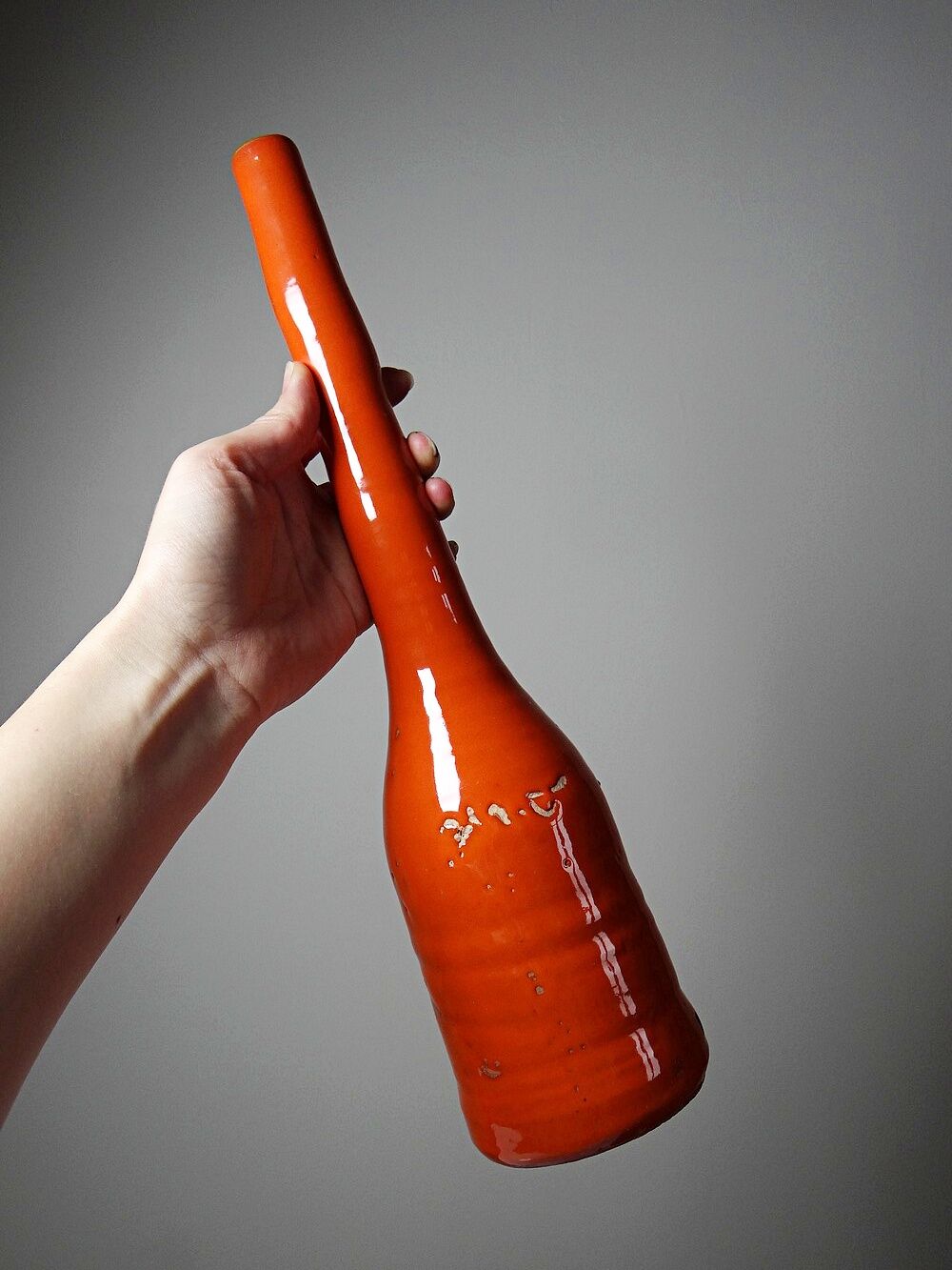Bright orange mid-century decorative bottle lamp base glazed pottery.