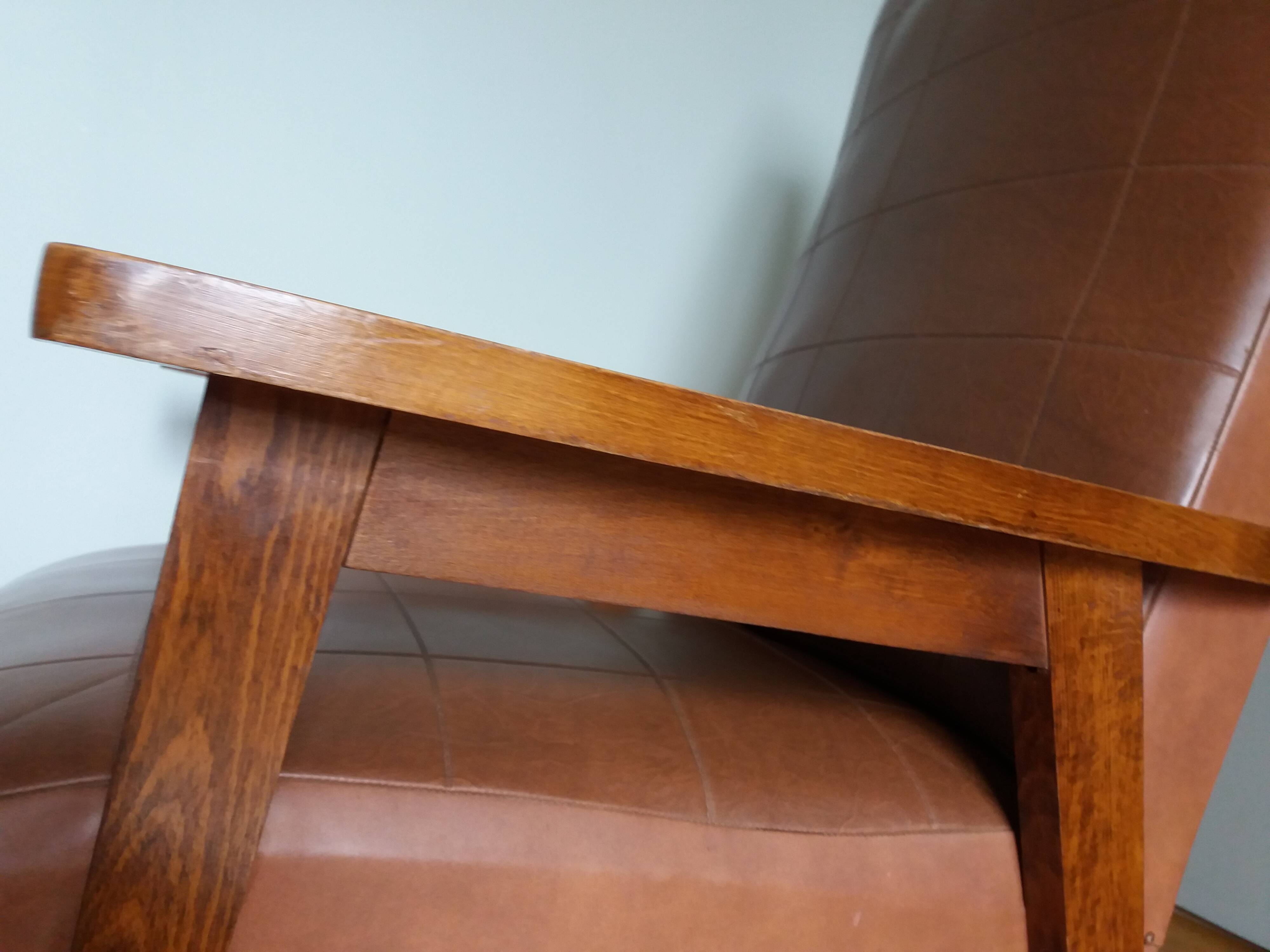 Scandinavian armchair in brown leatherette and wood