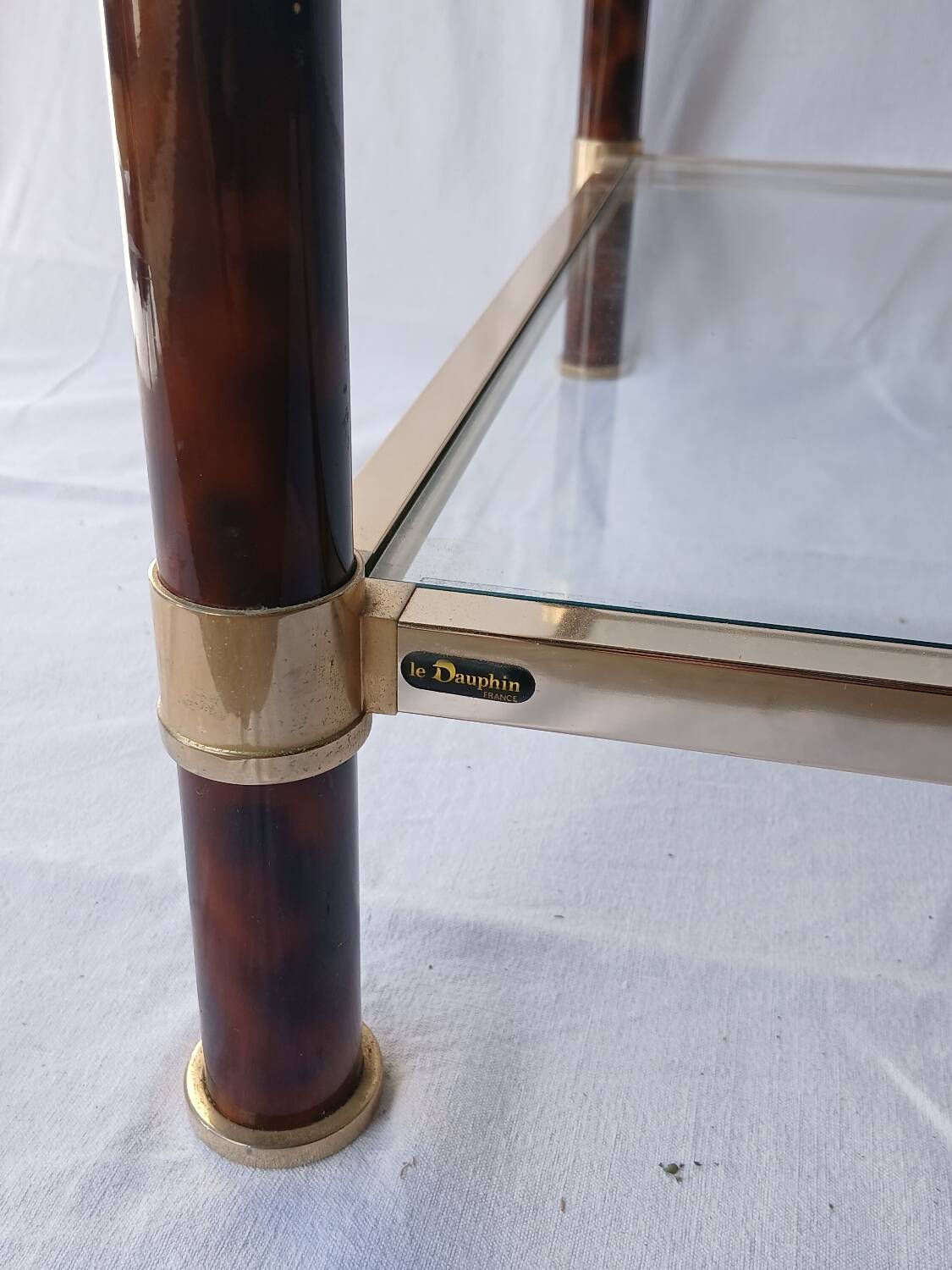 70s glass and brass coffee table