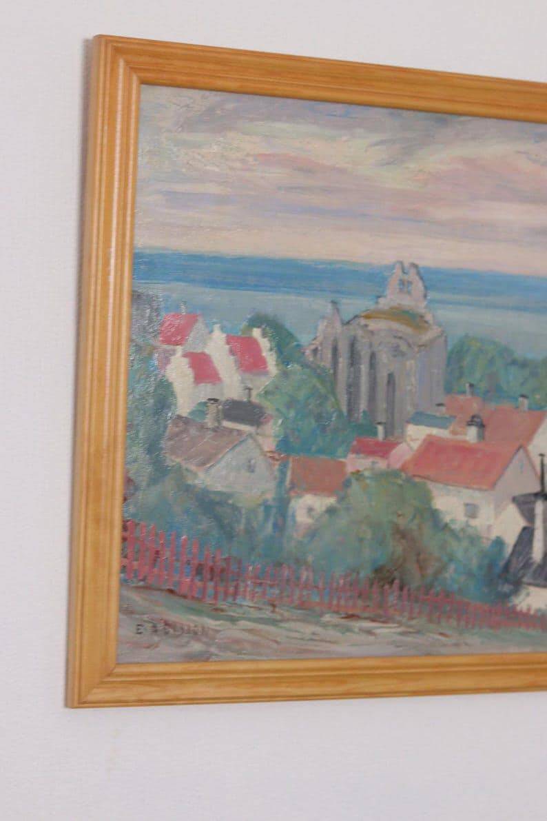 Swedish Oil on Panel “Village Scene” by E. R. Olsson, Vintage & Framed 54 × 66 cm