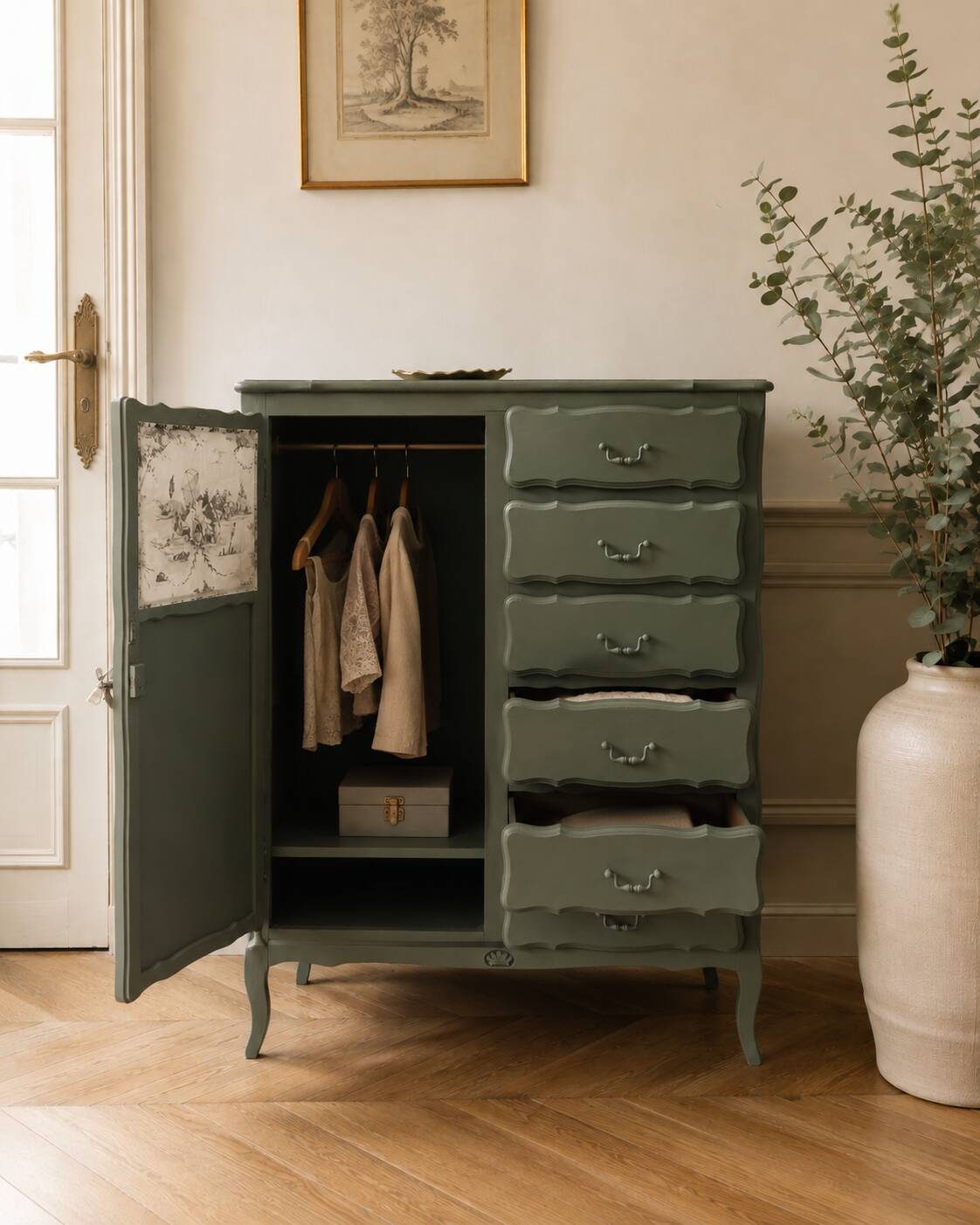 Armoire ancienne Green Smoke – Toile de Jouy .