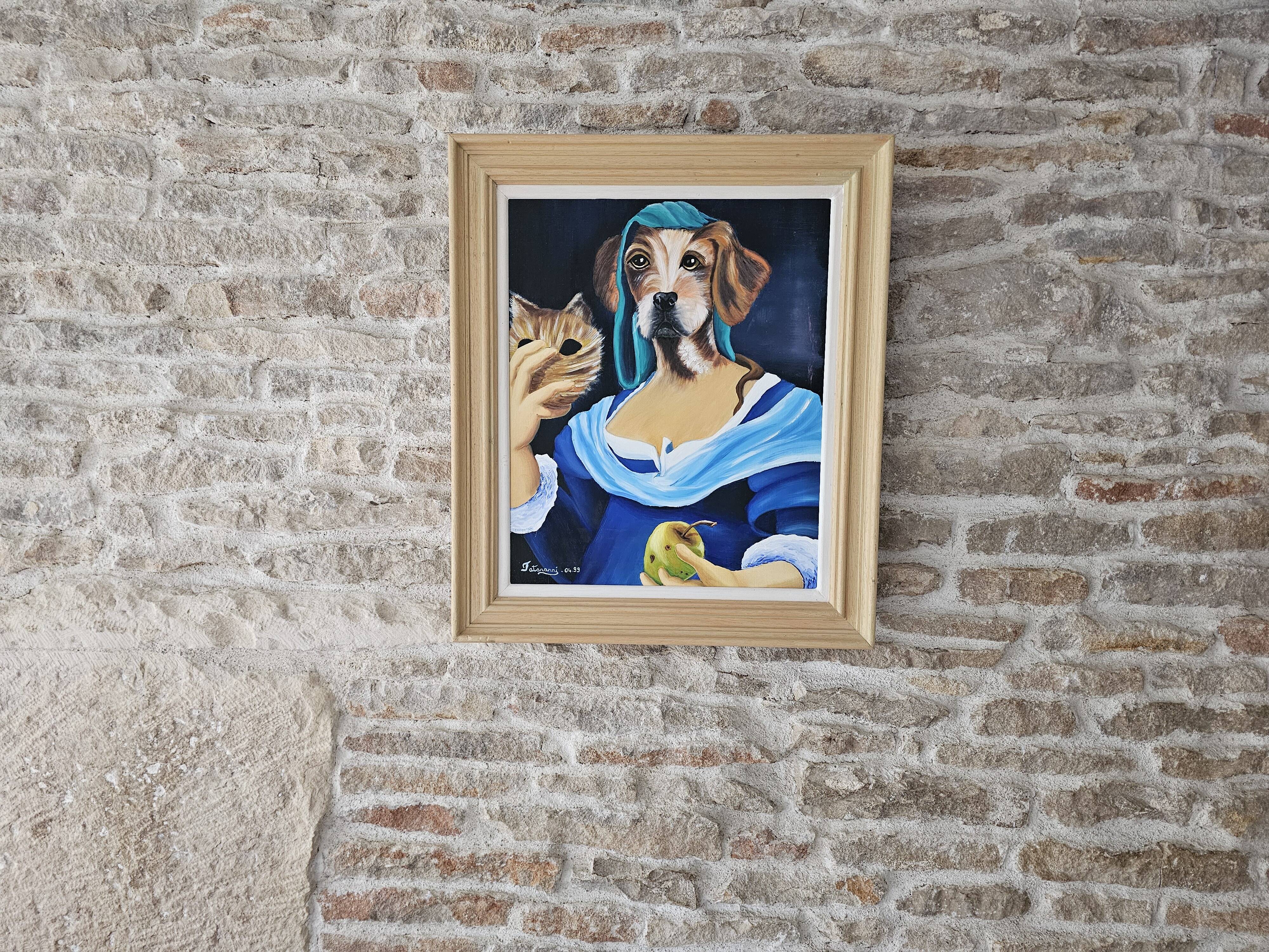 Oil painting on canvas, portrait of a woman with a dog, signed Patricia Tatananni