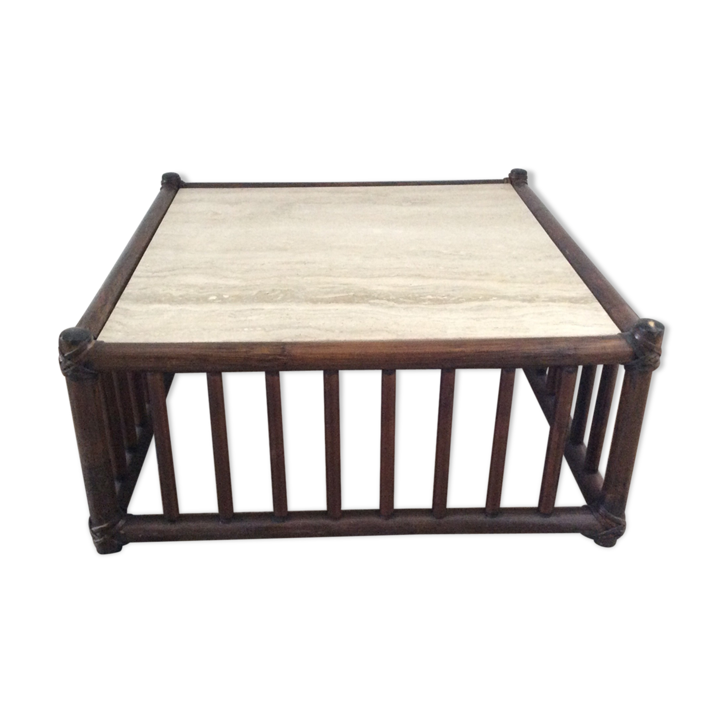 Vintage 1970 bamboo and travertine coffee table
