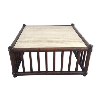 Table basse en bambou et travertin 1970 vintage