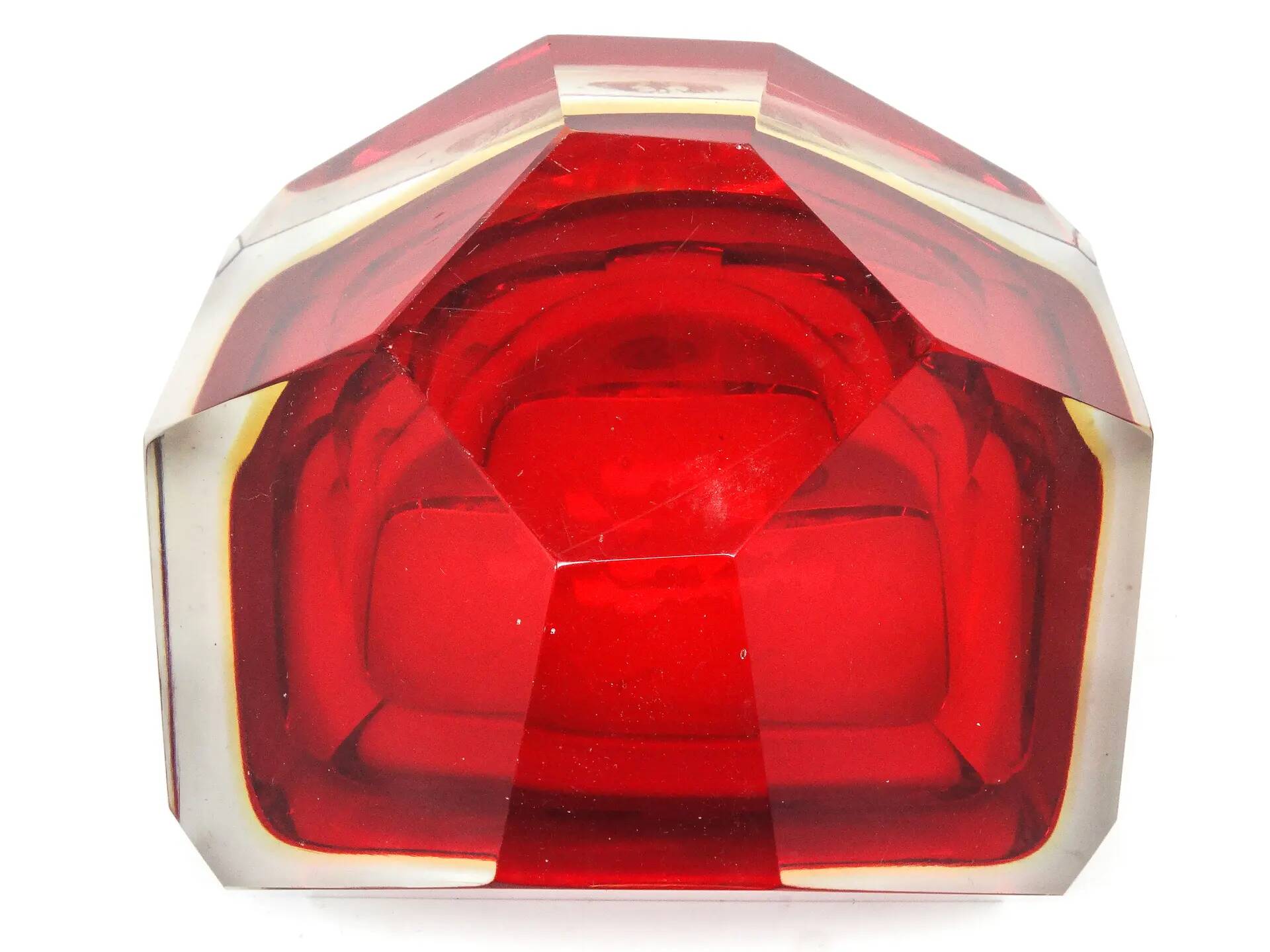 Murano basket, modernism, red glass, designed by F. Poli, Italy, 1950s