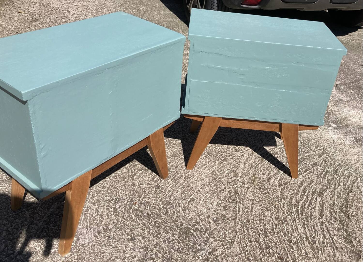 Pair of vintage bedside tables with compass feet/green
