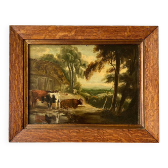 Old painting representing cows in the meadow