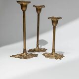 Set of 3 Doré Laiton Candle Holders – Art Nouveau Flower & Leaf Design, Italy, 1940s