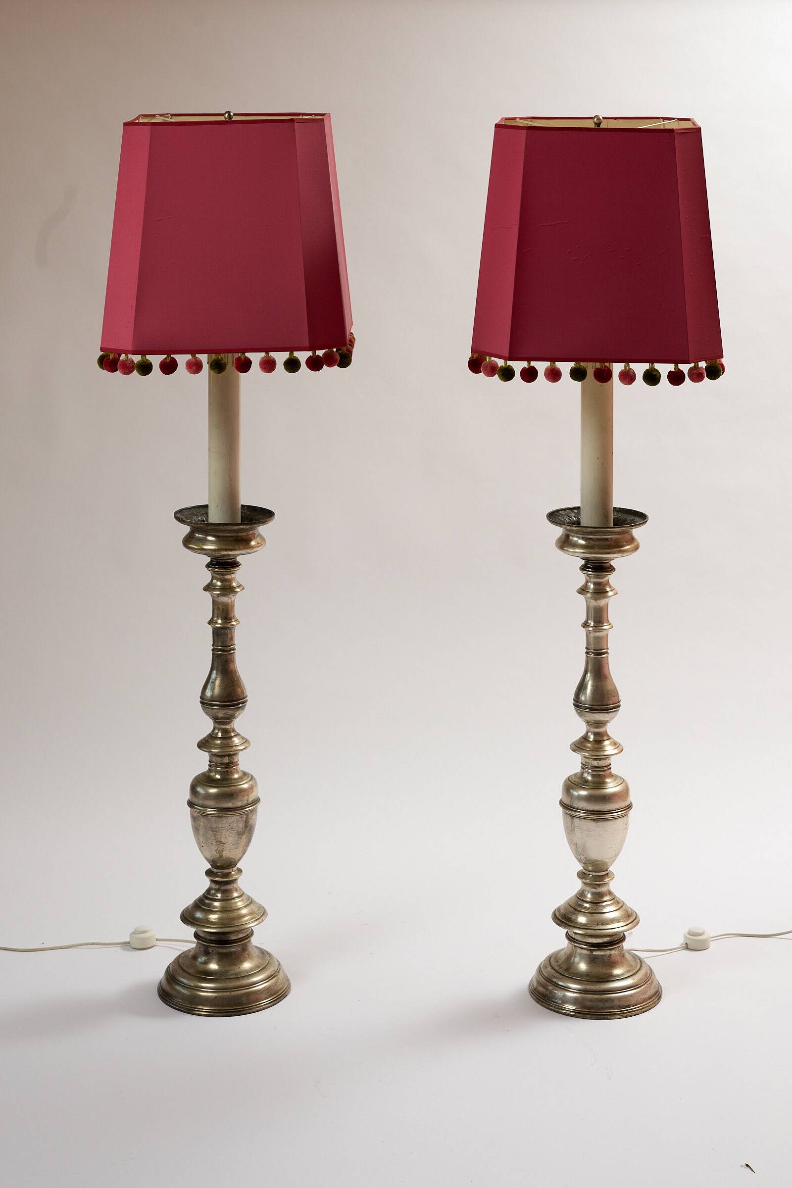 Pair of metal floor lamps with pink shades
