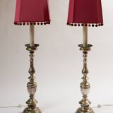 Pair of metal floor lamps with pink shades