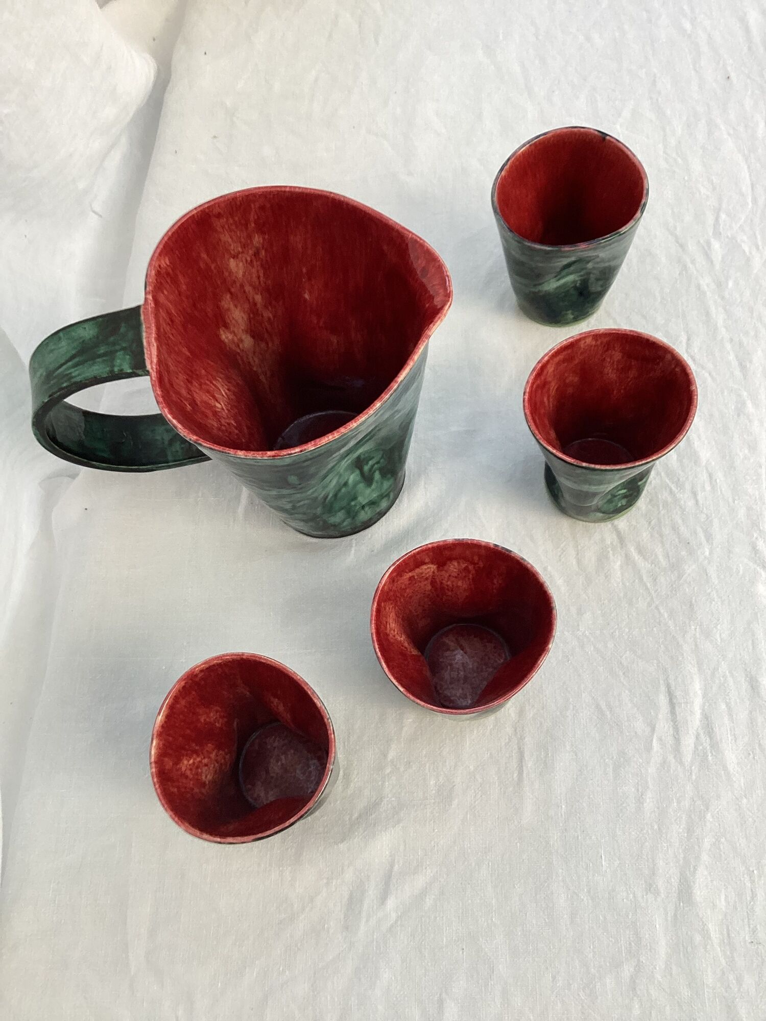 Art pottery of Val-de-Vie M.Clément pitcher with four cups dimension: height -20cm- l