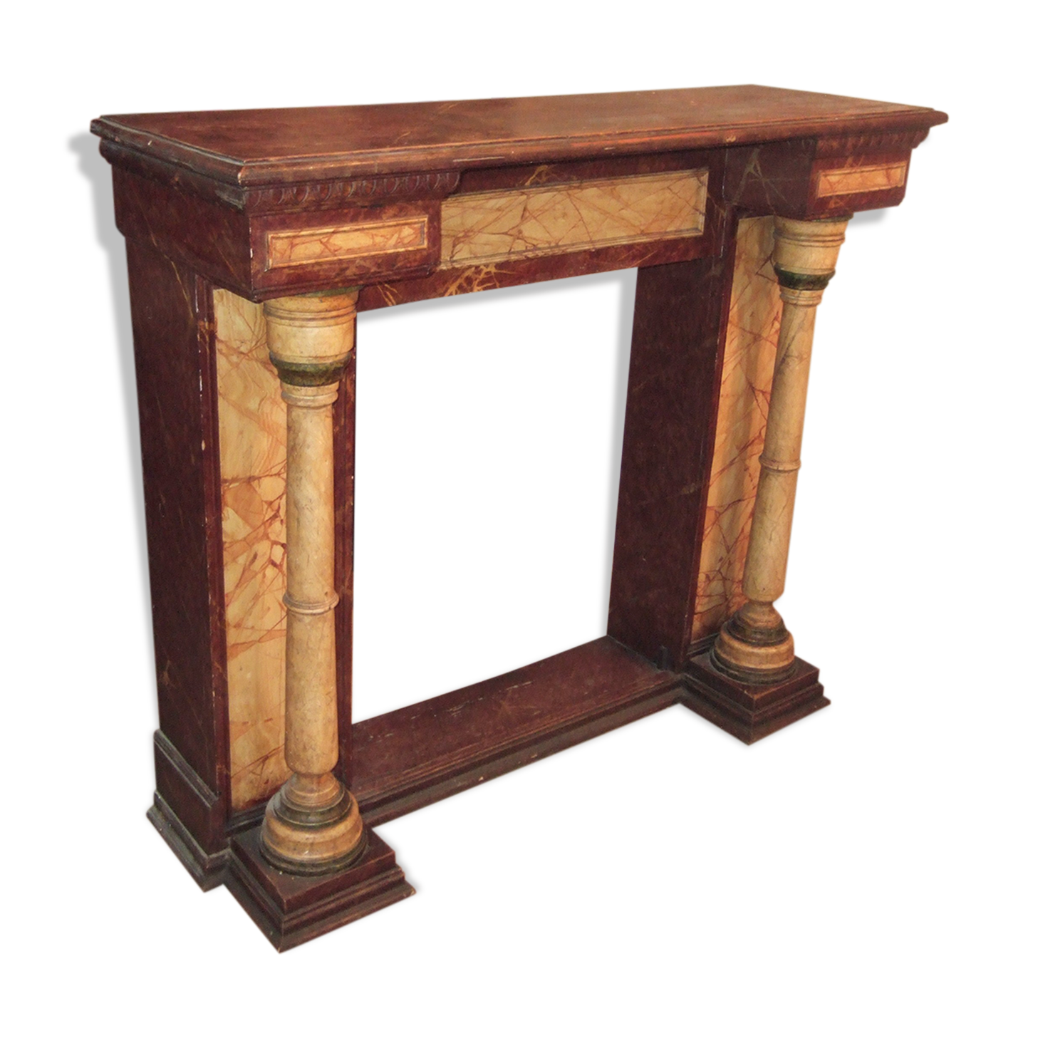 19th century wooden fireplace, faux marble paint. Can act as a console.